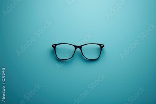 A pair of black eyeglasses is placed centrally on a bright blue surface, highlighting its contemporary design and clear lenses. Generative AI