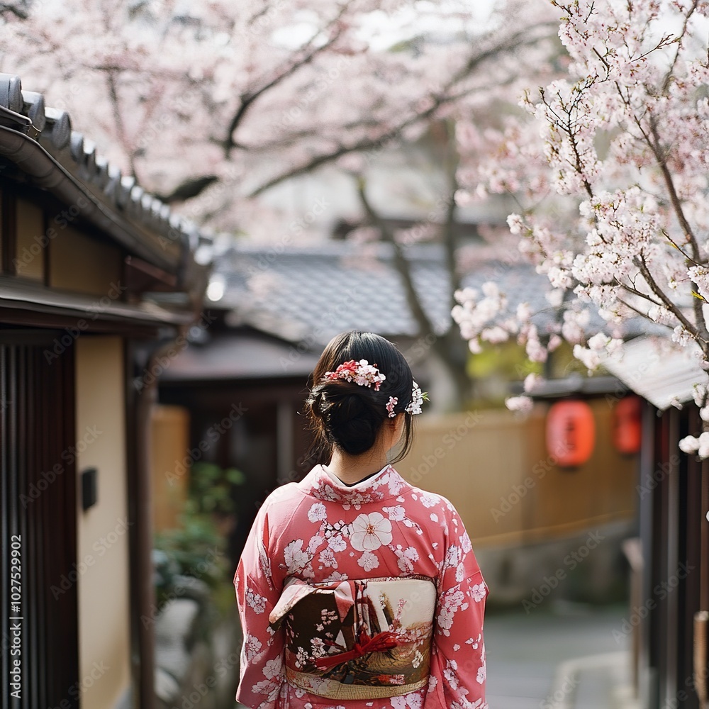 A young woman in a pink kimono walks through a cherry blossom-lined path, surrounded by blooming sakura trees.