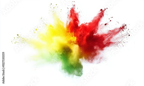 A vibrant burst of red, yellow, and green powder explodes against a white background, creating a dynamic and colorful cloud of abstract shapes.