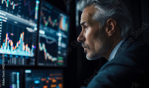 Senior market analyst studying data on computer displays