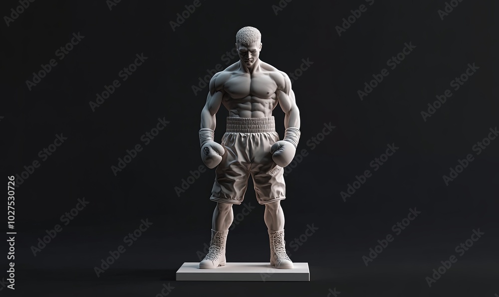 A white 3D rendered model of a male boxer in a fighting stance. He is wearing boxing gloves and shorts. The model is on a white pedestal and is against a dark background. A white 3D rendered model of a male boxer in a fighting stance. He is wearing boxing gloves and shorts. The model is on a white pedestal and is against a dark background.