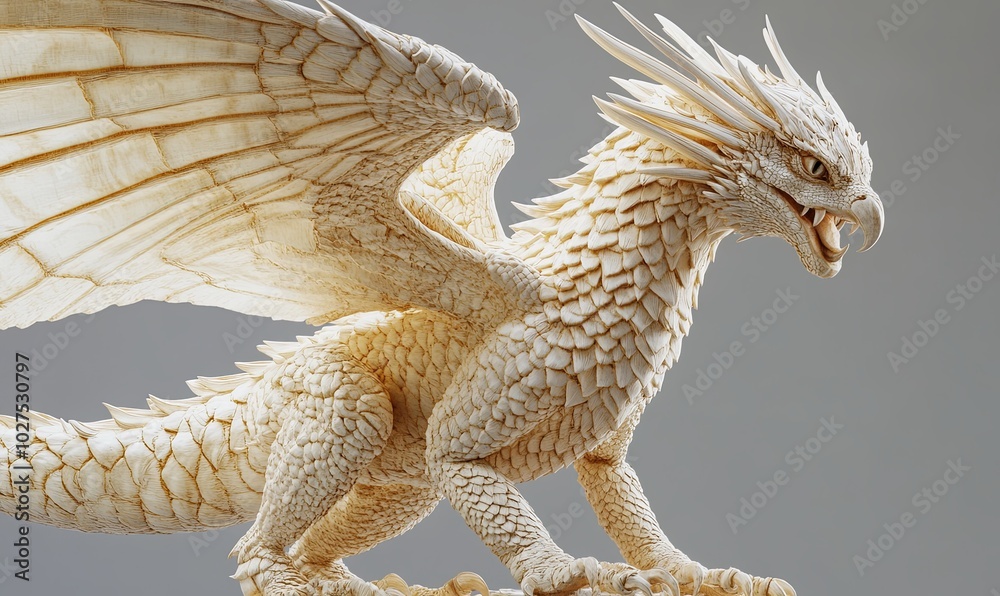 A white dragon with outstretched wings, with detailed scales and a sharp beak, standing on a grey background. A white dragon with outstretched wings, with detailed scales and a sharp beak, standing on a grey background.