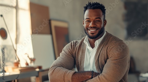 Handsome African American man in creative professions, depicting a confident man in a creative work environment, such as design, music, or art, highlighting his creativity and innovative spirit.