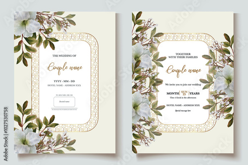 WEDDING INVITATION FRAME WITH FLOWER DECORATIONS WITH FRESH LEAVES