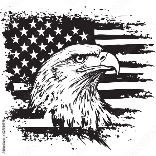 Black and white vector graphic of an american flag with the head of bald eagle in front, t-shirt design flat illustration. photo