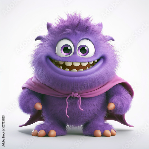 A cheerful purple monster, fluffy and cute, dons a cape. Its joyful expression radiates happiness and playfulness against a bright, simple background.