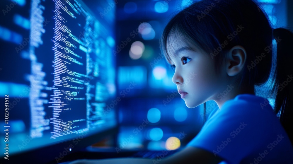 Young girl sitting front computer monitor dark room Young girl sitting front computer monitor dark room