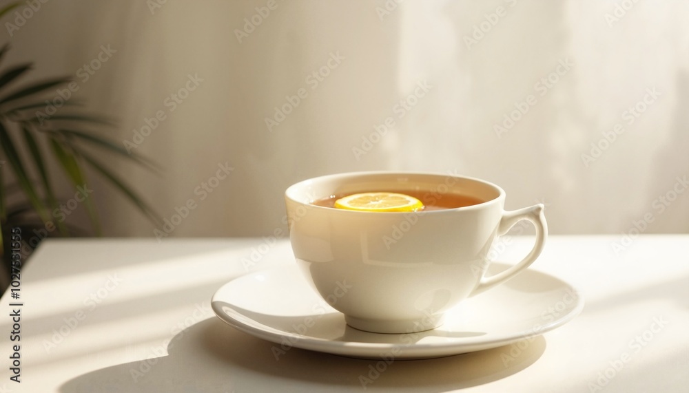 Fototapeta premium Sunlit Cup of Tea with Lemon Slice on White Surface with Soft Shadows