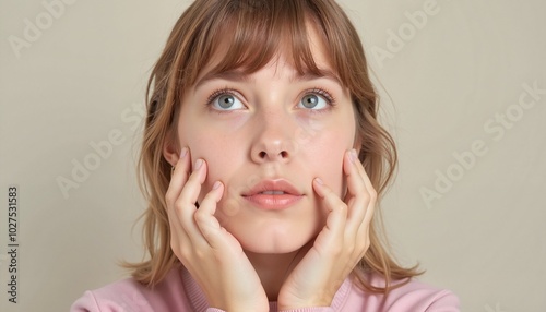 Pensive Woman with Delicate Features Gently Touching Face Against Neutral Background