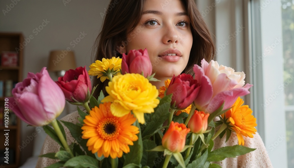 Young Woman with Serene Expression Holding Vibrant Spring Flower Bouquet Near Window Young Woman with Serene Expression Holding Vibrant Spring Flower Bouquet Near Window