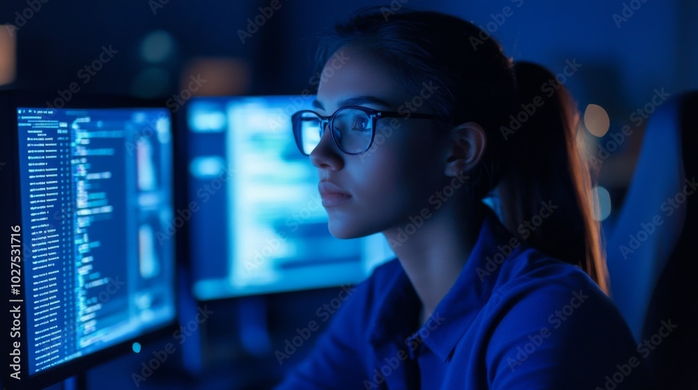 Young woman sitting front two computer monitors dark Young woman sitting front two computer monitors dark