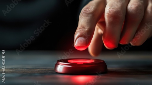 a hand poised above a buzzer in a quiz game, highlighting the quick thinking and reflexes required to win photo