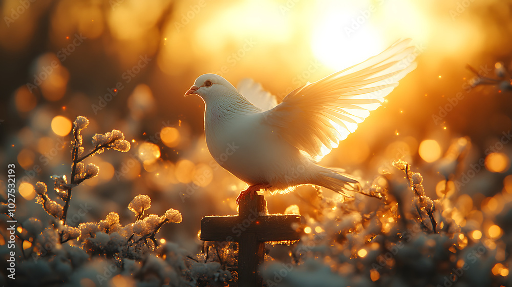 A White Dove Flying in Front of a Cross with a Golden Glow, Symbolizing Peace, Hope, and Faith. This Serene Scene Evokes Spiritual Reflection and Divine Connection.
A White Dove Flying in Front of a Cross with a Golden Glow, Symbolizing Peace, Hope, and Faith. This Serene Scene Evokes Spiritual Reflection and Divine Connection.