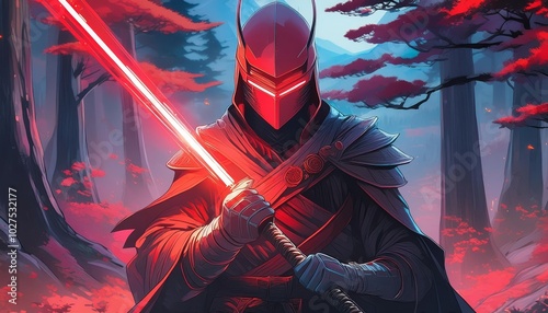 Knight with red lightsaber standing in a mystical forest