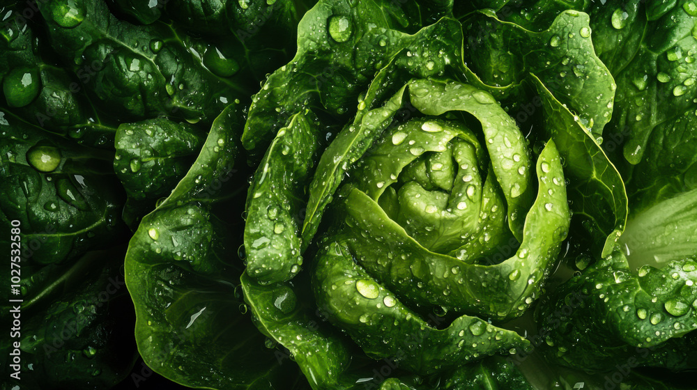 Fototapeta premium Fresh green lettuce with water droplets showing vibrant texture and detail on leaves in a garden setting during daylight
