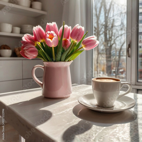 Wallpaper Mural A cup of coffee, a piece of chocolate cake and a pink tulip bouquet on a table. Celebrating of spring and 8 March. Simple light festive postcard. Morning vibe. Breakfast at home. Window view. Torontodigital.ca