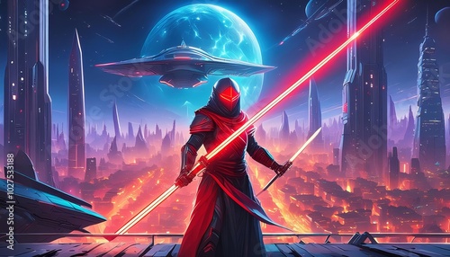 Futuristic knight wielding a double-bladed lightsaber in a sci-fi city