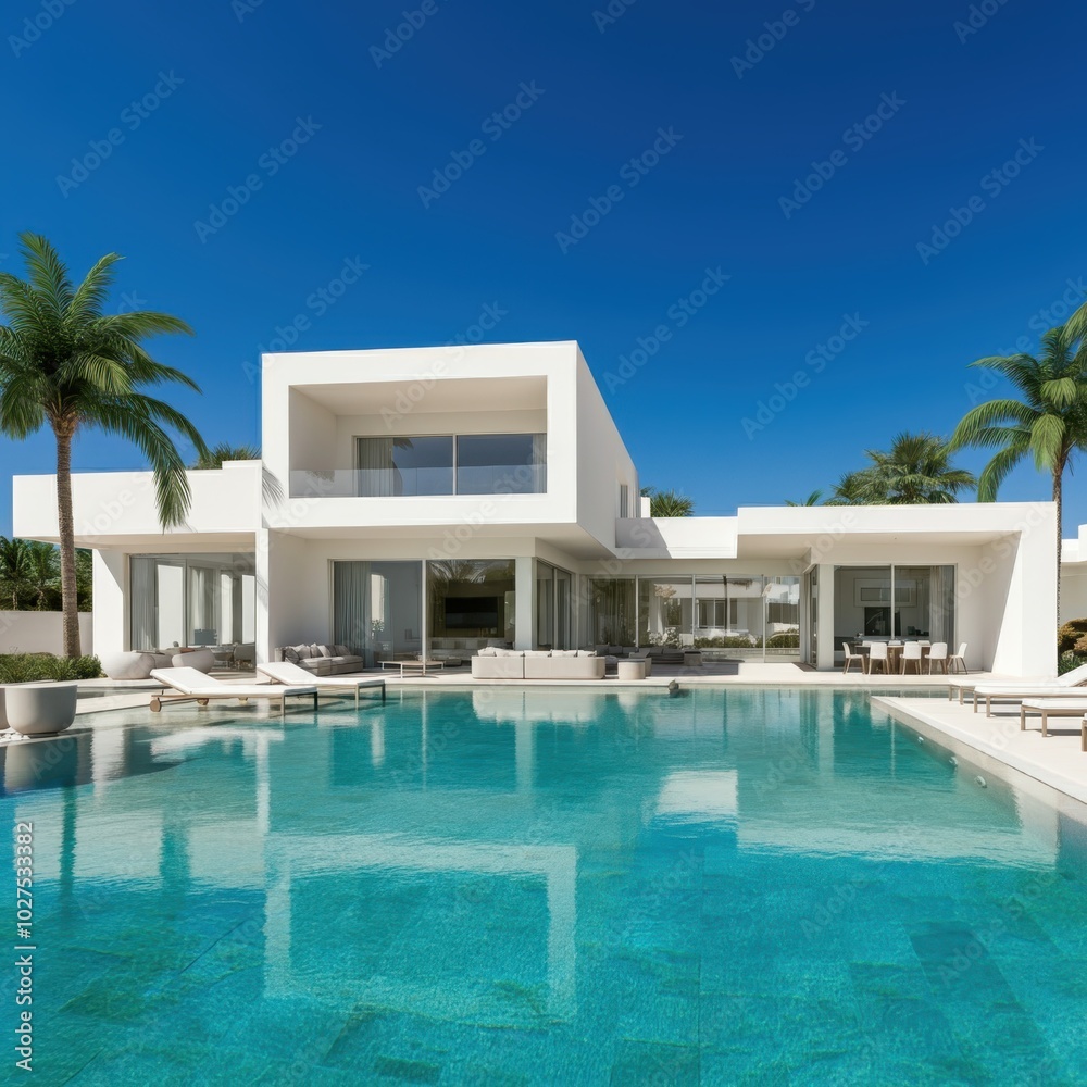 Fototapeta premium Exterior of amazing modern minimalist cubic villa with large swimming pool among palm trees. Created with generative Ai