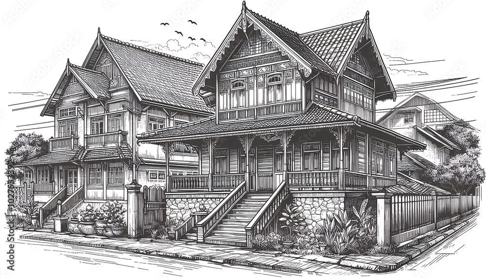 Fototapeta premium Detailed Black and White Sketch of Traditional Houses. generative AI.