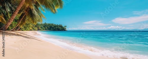 Hidden tropical beach with pristine white sand and gentle waves, surrounded by swaying palm trees and dense jungle