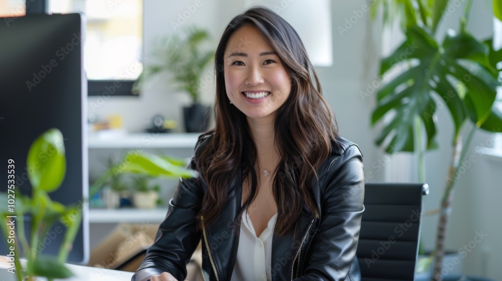 beautiful Asian woman in professional attire is sitting at her desk, smiling and typing on the laptop computer with green plants all around and behind it. beautiful Asian woman in professional attire is sitting at her desk, smiling and typing on the laptop computer with green plants all around and behind it.