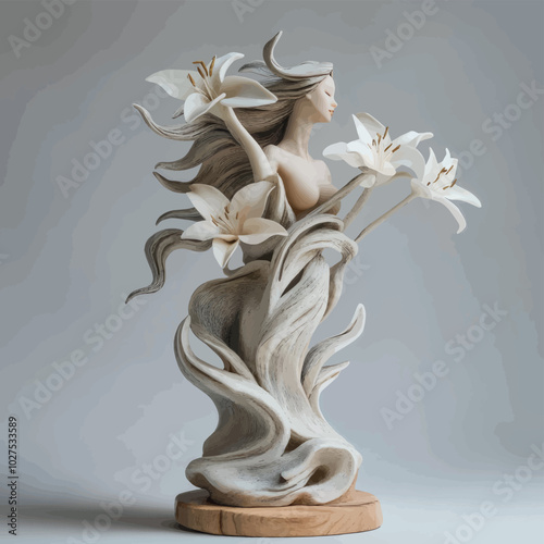3D female figurine with white lilies close-up, vector, isolated, in vanilla beige tones. Illustration, creative print, sketch for creativity, greeting card design, print on fabric, paper.