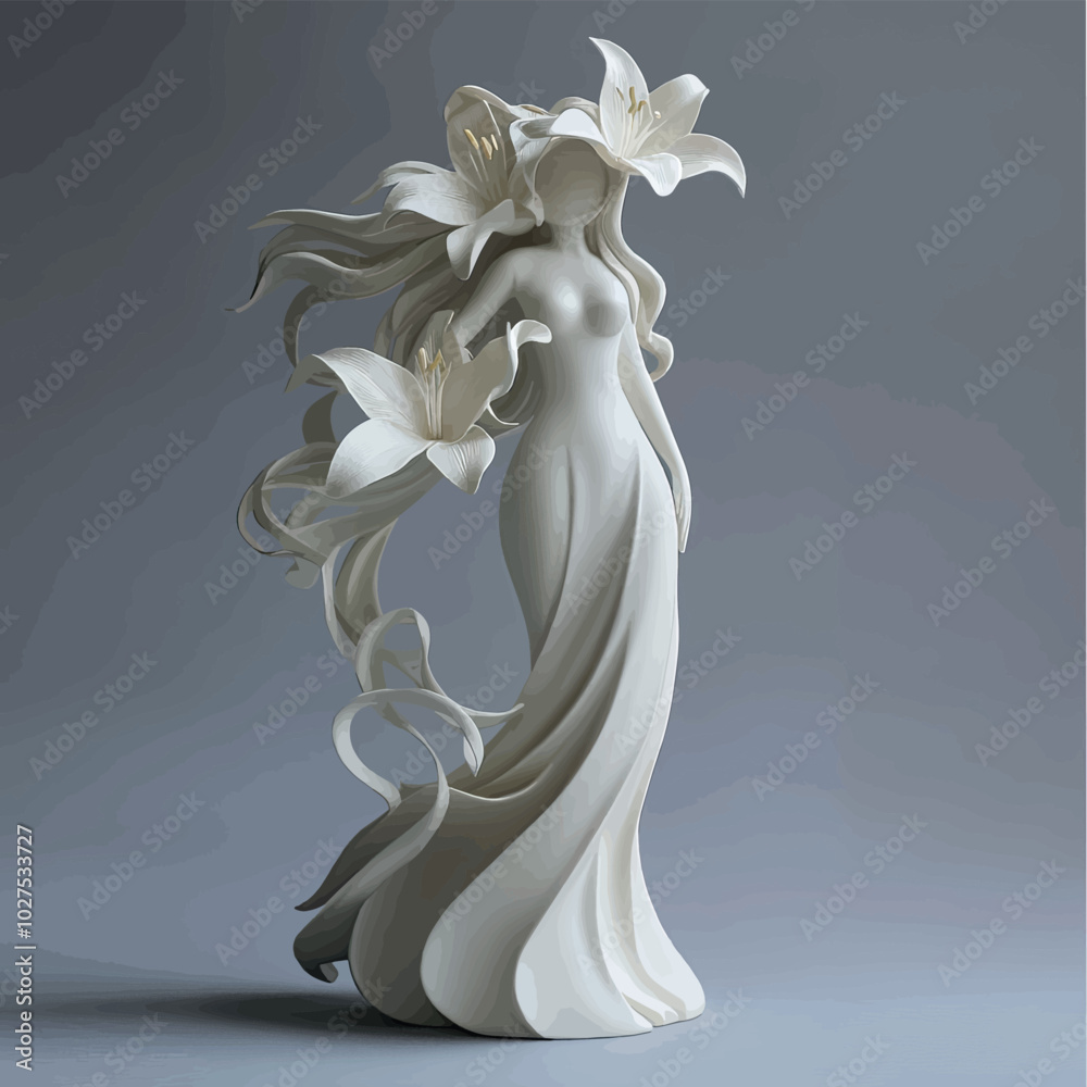 3D female figurine with white lilies close-up, vector, isolated, in vanilla beige tones. Illustration, creative print, sketch for creativity, greeting card design, print on fabric, paper.