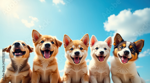 A group of five cheerful puppies, including various breeds, are joyfully sitting together outdoors, enjoying the sunny day with clear blue skies and fluffy clouds above