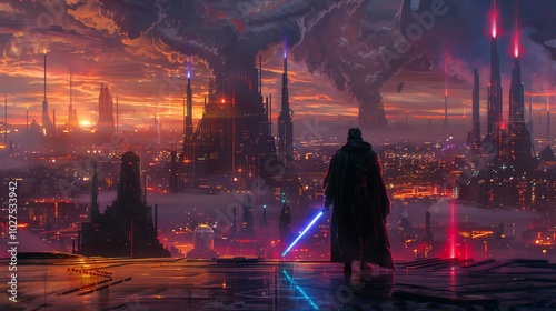 Lone figure overlooking futuristic city with glowing lightsaber