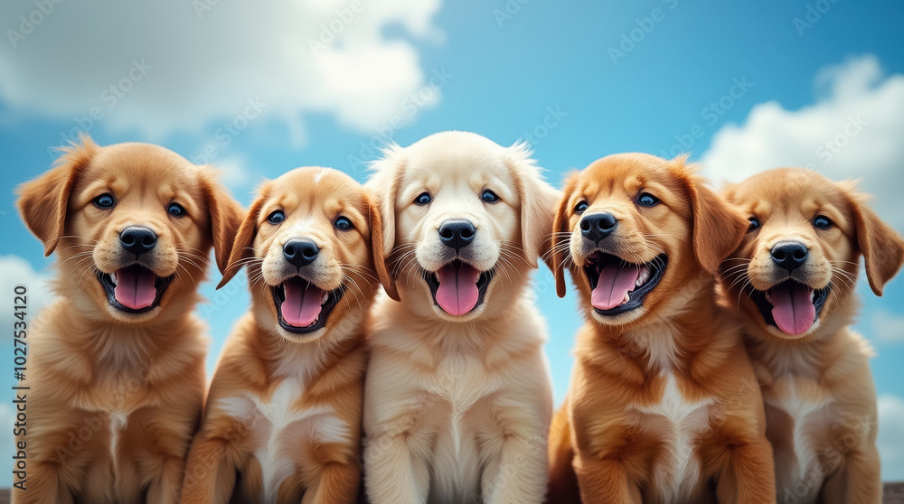 A group of five adorable puppies with golden fur playfully pose, showcasing their joyful expressions under a clear blue sky in warm sunlight A group of five adorable puppies with golden fur playfully pose, showcasing their joyful expressions under a clear blue sky in warm sunlight