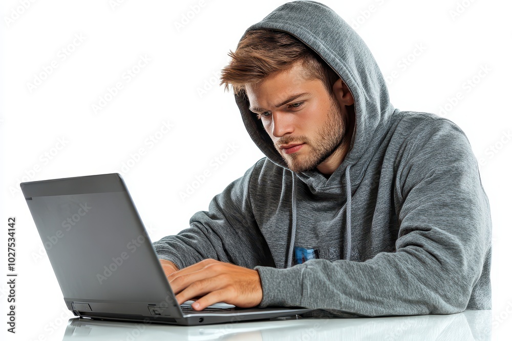Hacker Working on Laptop in Minimal White Background Hacker Working on Laptop in Minimal White Background