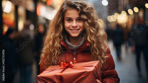 A young woman is holding a red box and smiling