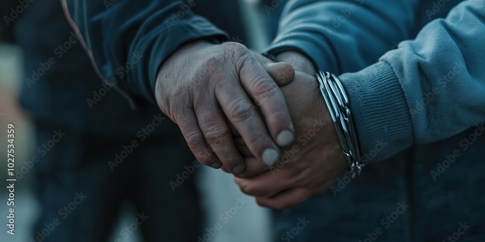 Fototapeta premium This image captures a close-up shot of two hands in an emotive handshake, where one person is handcuffed. This scene depicts themes of justice and connection.