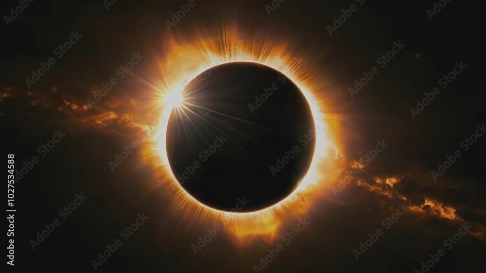 Stunning solar eclipse with radiant corona and dark moon silhouette against a star-filled sky. Stunning solar eclipse with radiant corona and dark moon silhouette against a star-filled sky.