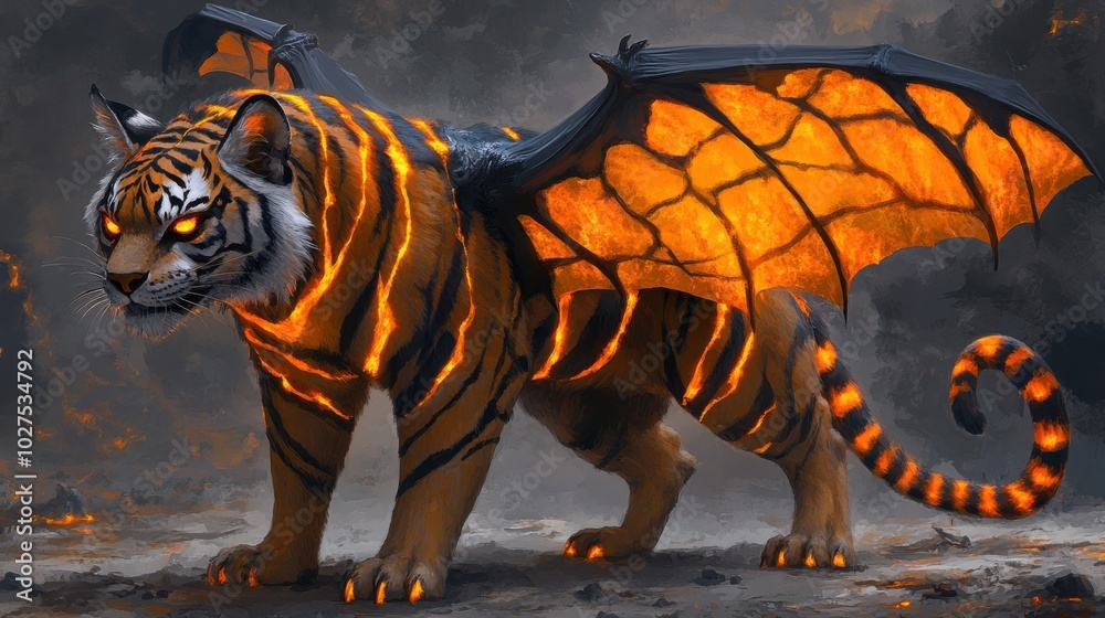 A fusion of multiple species, this creature has the wings of a bat, the form of a tiger, and glowing veins radiating across its muscular body. A fusion of multiple species, this creature has the wings of a bat, the form of a tiger, and glowing veins radiating across its muscular body.
