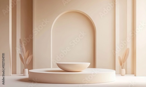 Minimalist beige platform with arches and pampas grass for product display or branding mockup.