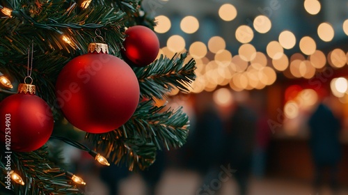 A close-up of a decorated Christmas tree with red ornaments, illuminated by festive lights, creating a warm and cheerful holiday atmosphere.