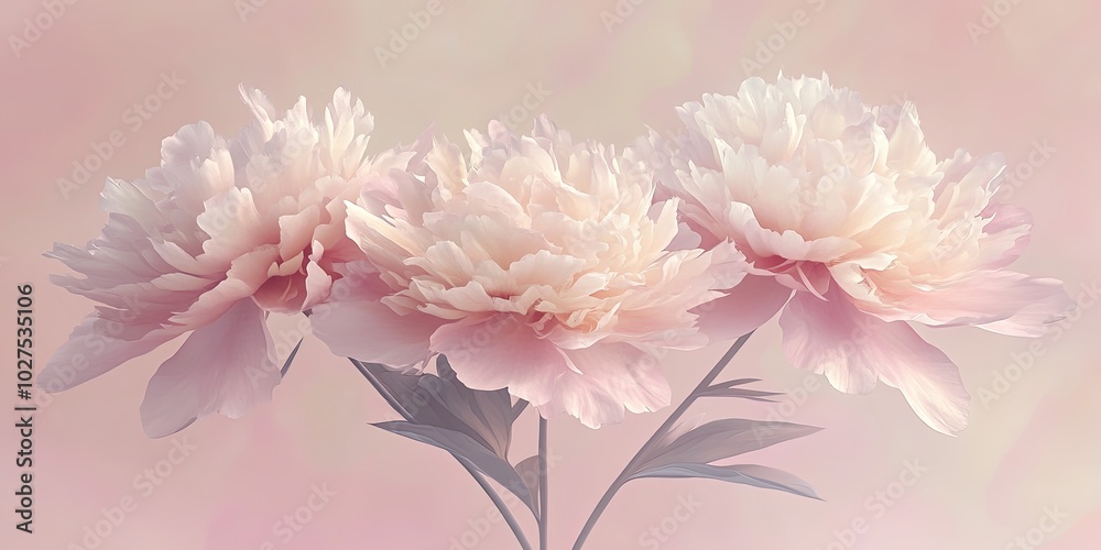 Soft, delicate pink peonies on a light pink background, with a soft focus and gentle light. Soft, delicate pink peonies on a light pink background, with a soft focus and gentle light.