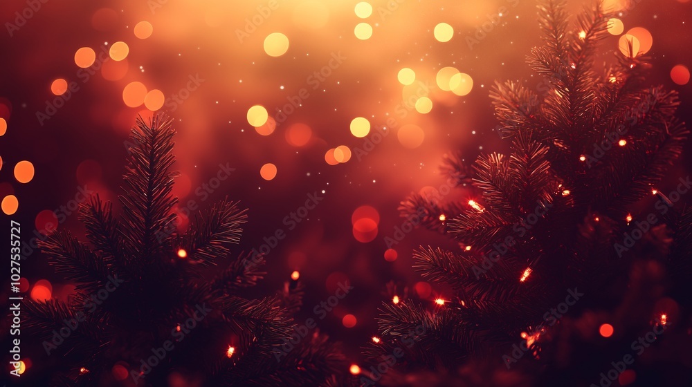 Obraz premium Festive Christmas Trees with Warm Bokeh Lights on a Red Background