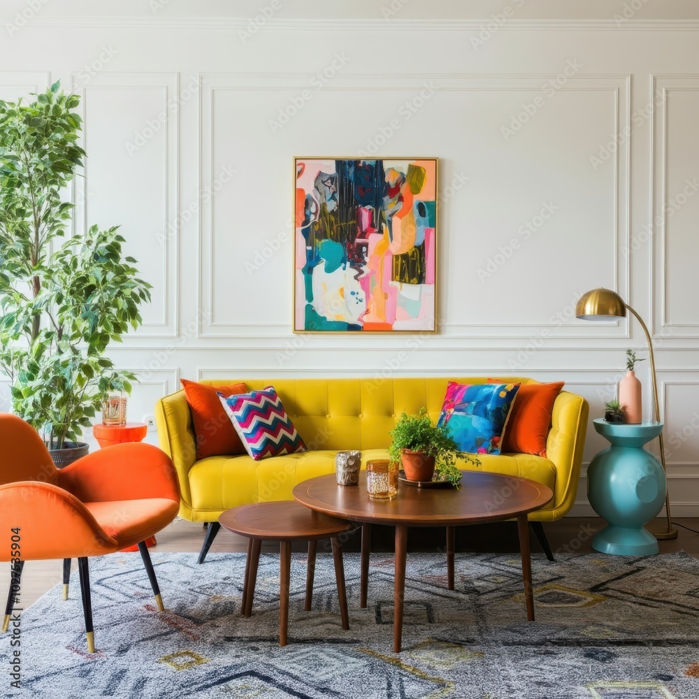 Fototapeta premium Scandinvian interior design of modern living room. Yellow sofa with colorful vibrant multicolored pillows and orange chair against classical paneling wall.