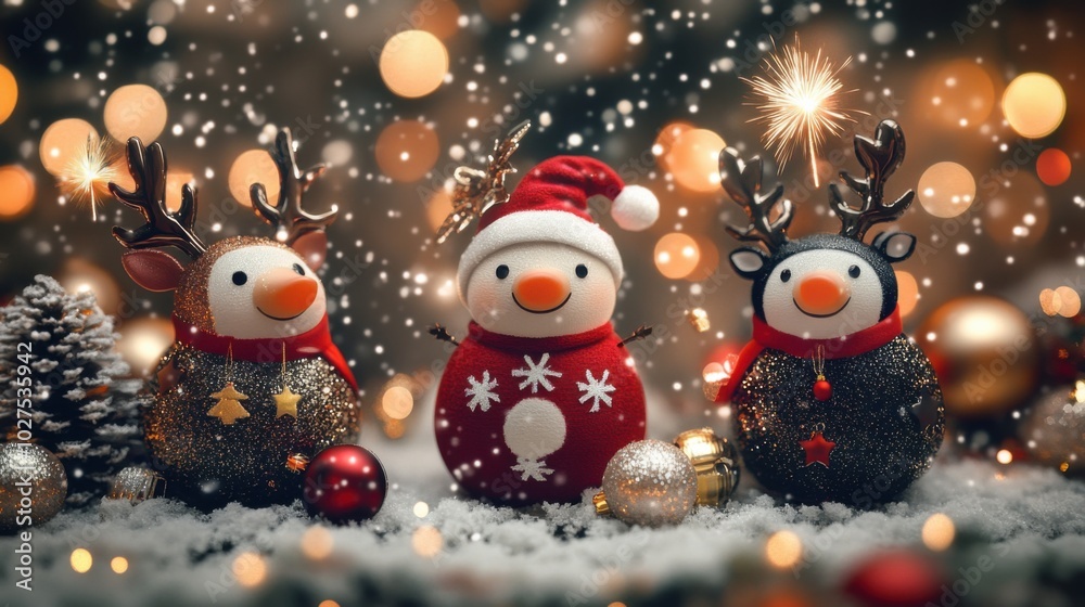 Adorable 3D Christmas animals in reindeer outfits gather under the snowy sky, with sparkling fireworks creating a festive atmosphere. Adorable 3D Christmas animals in reindeer outfits gather under the snowy sky, with sparkling fireworks creating a festive atmosphere.