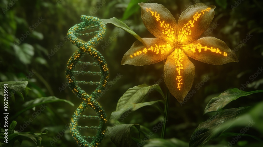 Bio-engineered flower with intricate DNA strands woven into its petals, symbolizing advanced genetic optimization for fast growth and sustainability. Bio-engineered flower with intricate DNA strands woven into its petals, symbolizing advanced genetic optimization for fast growth and sustainability.