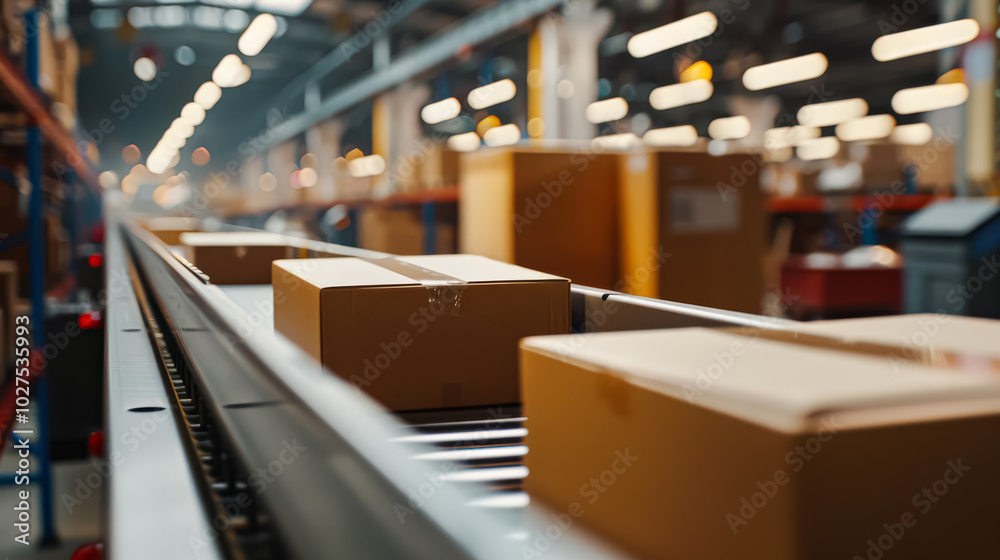 Conveyor belt in a warehouse with boxes on it. The boxes are brown and are being sorted Conveyor belt in a warehouse with boxes on it. The boxes are brown and are being sorted