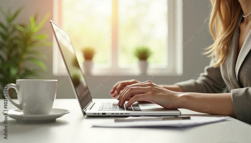 Person typing on a laptop with a coffee cup in a modern workspace, highlighting productivity. Great for themes of work, technology, or business. Person typing on a laptop with a coffee cup in a modern workspace, highlighting productivity. Great for themes of work, technology, or business.