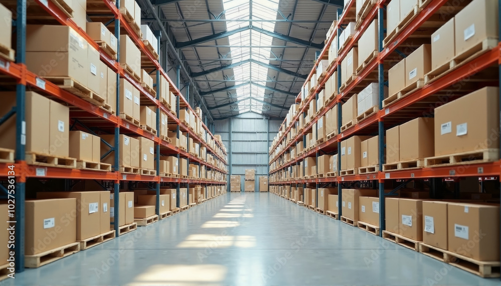 Expansive warehouse with stacked shelves and organized boxes. Suitable for logistics, storage, or industrial themes. Expansive warehouse with stacked shelves and organized boxes. Suitable for logistics, storage, or industrial themes.