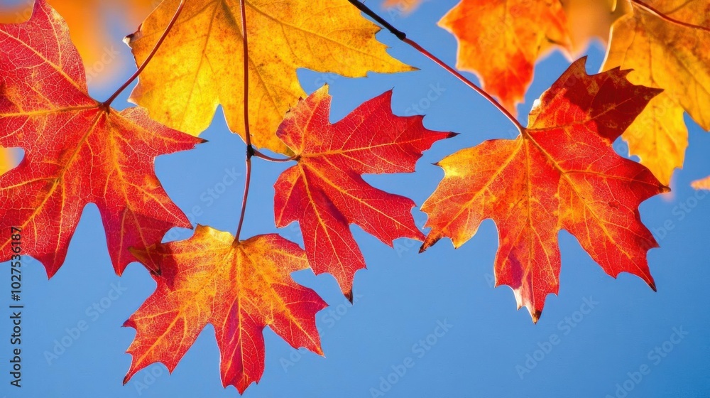 A group of red, orange, and yellow maple leaves in autumn hanging scattered on the tree branch against blue sky background A group of red, orange, and yellow maple leaves in autumn hanging scattered on the tree branch against blue sky background
