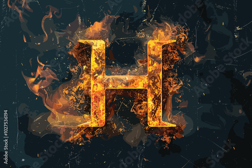 Letters and symbols in fire - Letter H. Concept conceptual red hot burning fire font in red and orange flames isolated on black background metaphor to holiday, vintage, industrial, grunge, glow,