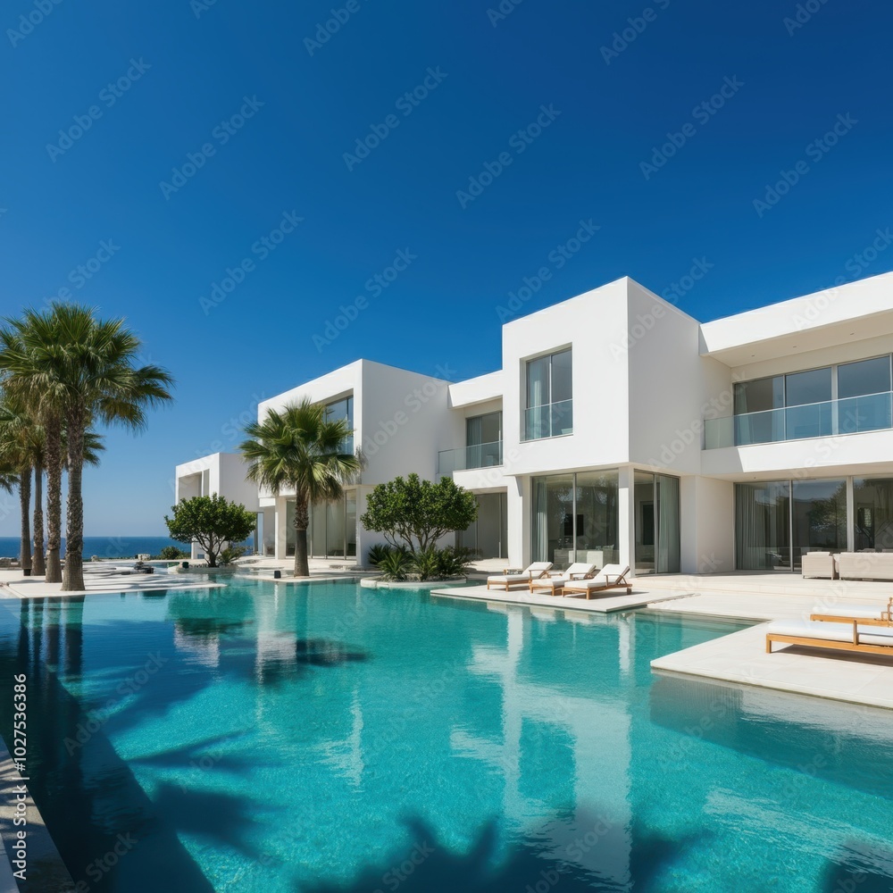 Exterior of amazing modern minimalist cubic villa with large swimming pool among palm trees. Created with generative Ai Exterior of amazing modern minimalist cubic villa with large swimming pool among palm trees. Created with generative Ai