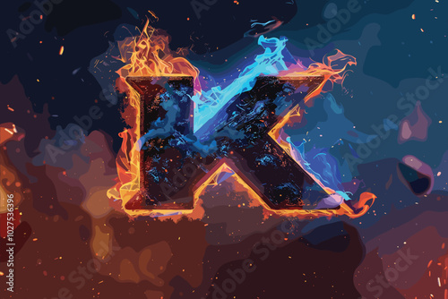 A photo of a burning capital letter K on a black background is made of hot coals.