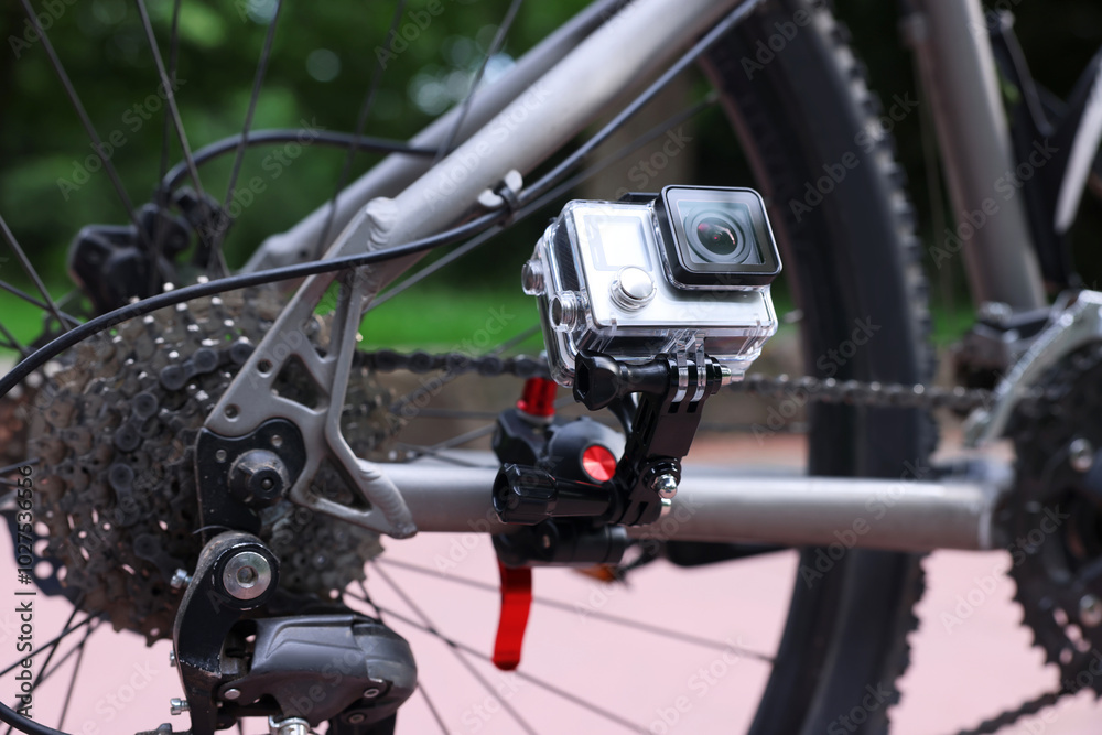 Modern action camera with mount on bicycle outdoors, closeup Modern action camera with mount on bicycle outdoors, closeup